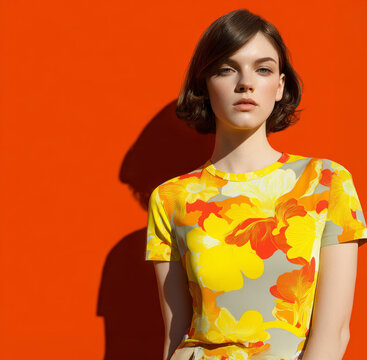 Retro Floral Fashion Portrait in Orange &ndash; Generative AI &ndash; no real persons