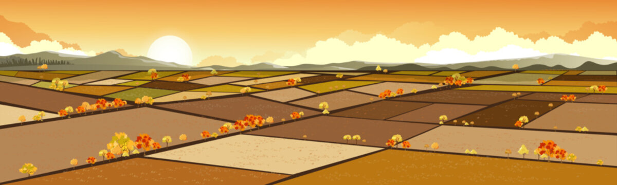 Autumn landscape background Sunset yellow sky,cloud with fall fields, colorful trees, Sunrise sky over countryside farmland,Panoramic seasonal nature scene with mountains for banner and harvest design