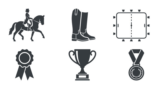 Equestrian Sport Icons: Horse Riding, Boots, Arena, Trophy, Medal, Rosette