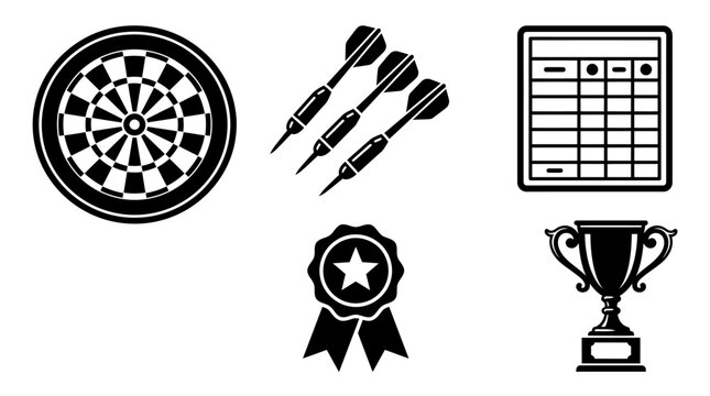 Game Icons: Dartboard, Darts, Calculator, Trophy, Ribbon - Competition and Achievement Symbols