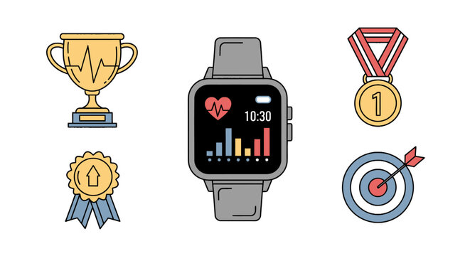 Fitness Smartwatch with Health Icons: Trophy, Medals, Target, and Heart Rate Monitor