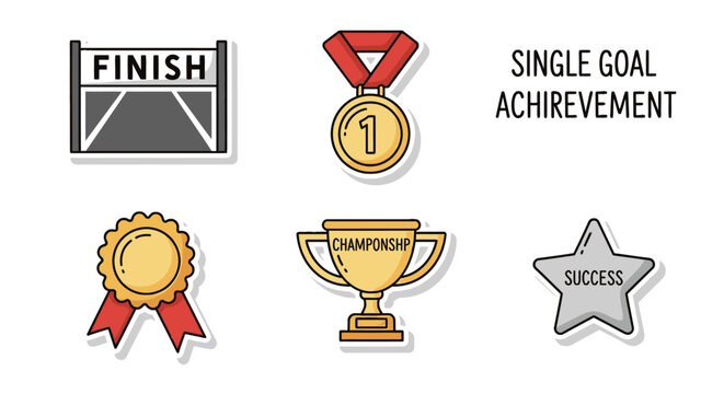 Goal Achievement Icons: Finish Line, Medal, Trophy, and Star for Success