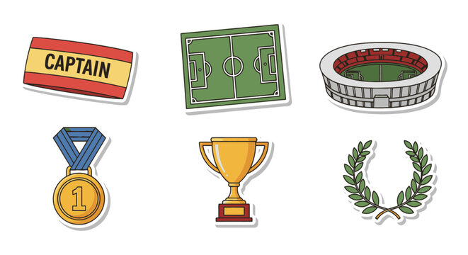 Soccer Championship Icons: Captain Band, Field, Stadium, Medal, Trophy, Laurel Wreath