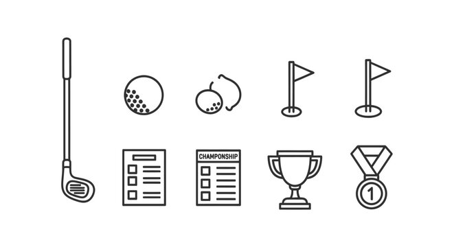 Golf Icons Set: Club, Ball, Tees, Flags, Scorecard, Trophy, Medal for Sport and Game