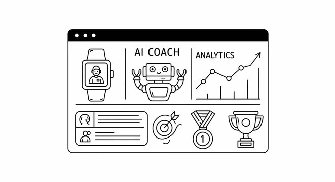 AI Coach, Analytics, Smartwatch, Goals, Success - Line Art Concept