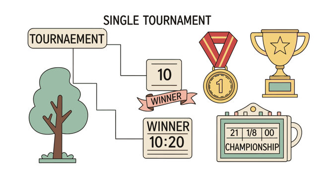Single Tournament Bracket, Trophy, Medal, Scoreboard, Winner Banner, Tree Icon