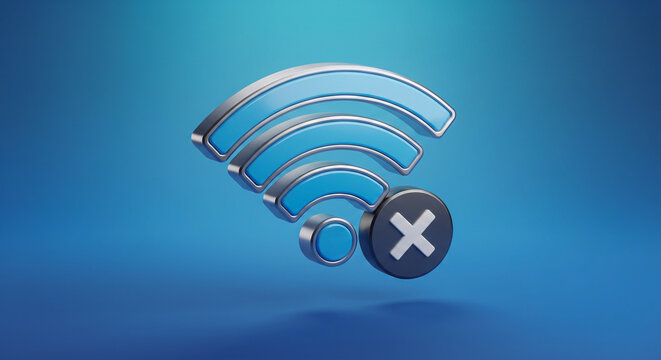 Shiny blue wireless internet signal icon featuring a metallic cross symbol representing lost connection or disabled network access displayed as a high quality three dimensional render against soft blu