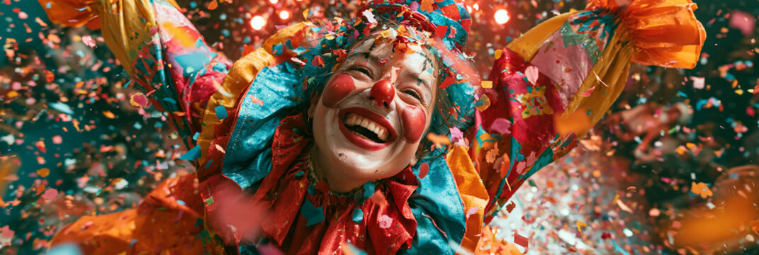 Fr&ouml;hlicher Clown mit roter Nase und buntem Kost&uuml;m breitet Arme aus, umgeben von fliegendem Konfetti