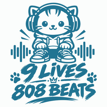 Cool Cat DJ 9 Lives 808 Beats Vector SVG T-Shirt Design.eps