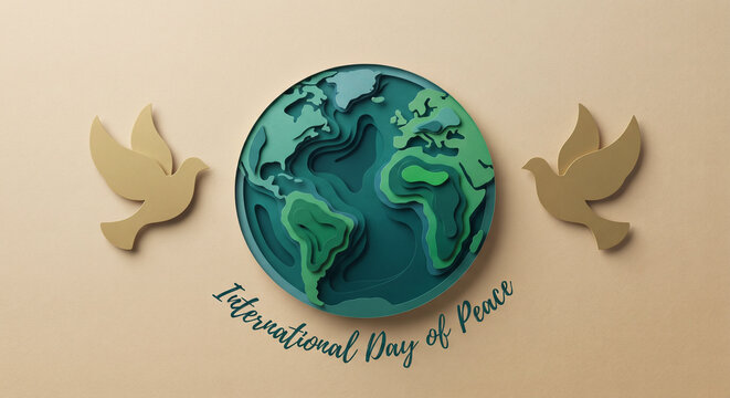 Paper craft globe showcasing layered continents with elegant golden doves floating on sides representing global harmony for international day of peace celebration on smooth beige background with soft 