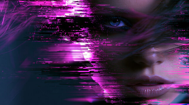 Weibliches Gesicht mit magentafarbenen und violetten Glitch-Streifen, digitale Verzerrung, Nahaufnahme