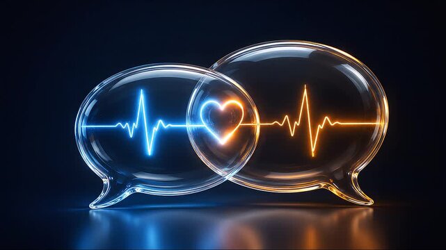 Two transparent glass speech bubbles overlapping with glowing blue and orange heartbeat lines forming a heart shape in the center, isolated on a dark reflective background.