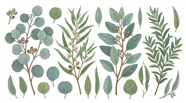 Elegant eucalyptus leaves and branches presented in a clean botanical illustration style.