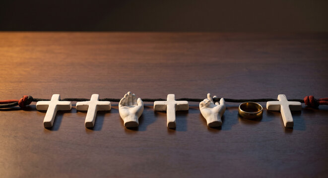 Rosary prayer beads with crosses and hands on a wooden table in soft light