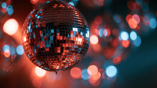 Discokugel mit rotem und blauem Bokeh-Licht vor dunklem Hintergrund
