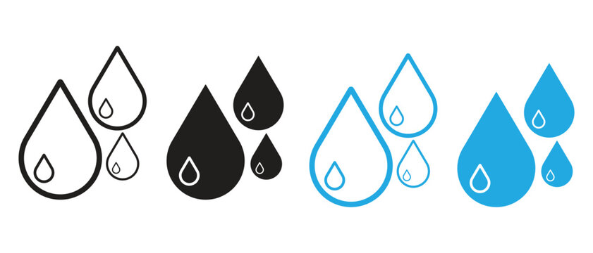 Set of water drop icons in outline solid and blue styles with water droplets