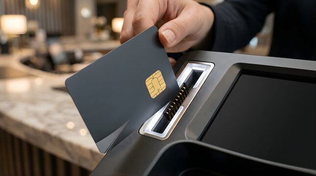 Person inserting blank chip credit card into a payment terminal machine