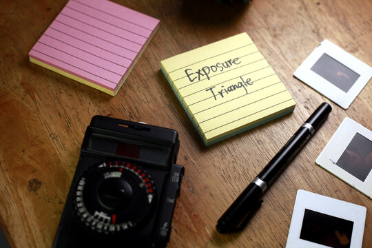 Photo of paper notes with the words Exposure Triangle, Aperture, Shutter Speed and ISO pertaining to Photography.