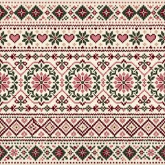 Obraz premium Scandinavian Fair Isle knitted pattern with seamless horizontal bands of hearts, snowflakes, and folk art florals in a cozy pink, green, and red festive colorway. Digital paper for Christmas textiles