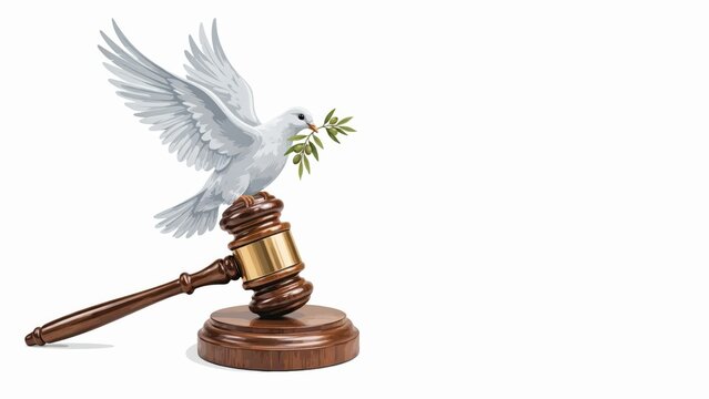 A white dove holding an olive branch perched on a wooden judge gavel isolated on white background. Perfect symbol for legal justice and peace concepts.