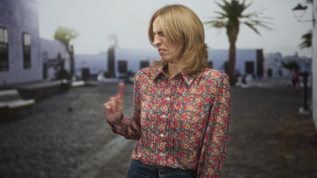 Woman with outstretched palms and a questioning pointing finger on a cobblestone street; confusion miscommunication.