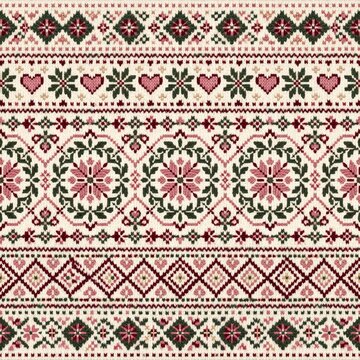 Scandinavian Fair Isle knitted pattern with seamless horizontal bands of hearts, snowflakes, and folk art florals in a cozy pink, green, and red festive colorway. Digital paper for Christmas textiles