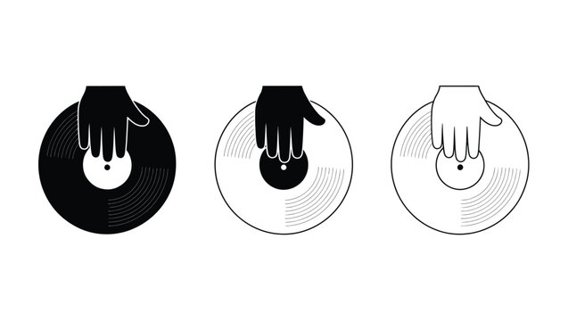 DJ Hand Vinyl Record Icons featuring turntable music symbols, hand gestures, solid black, outline, and sketch styles for entertainment design vector