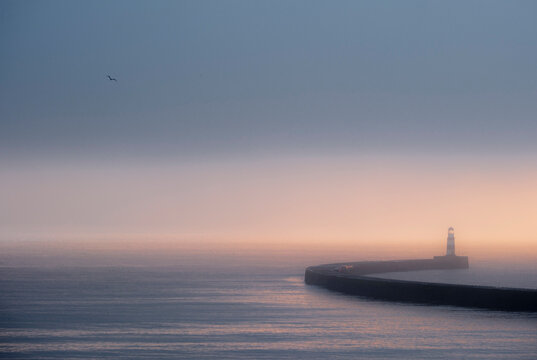 Seaham lighthouse on a foggy winter morning
