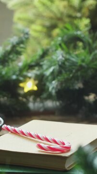 Vertical video. Person enjoying warm cup of tea or coffee with festive Christmas decorations in background. Cozy mood, winter season