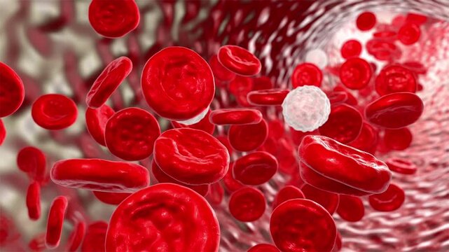 Blood vessel, 3D animation from inside the vascular lumen showing red and white blood cells moving with the bloodstream.
