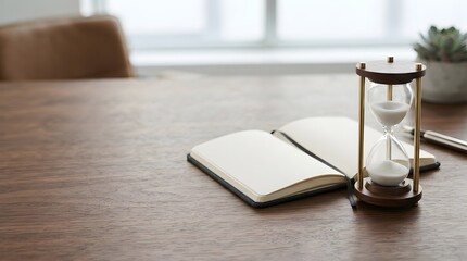 Obraz na płótnie Canvas Hourglass and notepad at home
