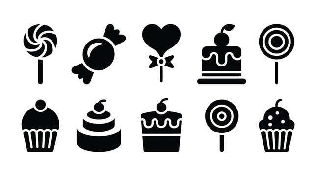 Black silhouette icons of assorted sweets and desserts on white background with icons various candies candies baked treats treats simple line line art style confectionery