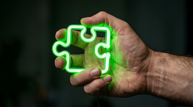 Close-up of a male hand holding a glowing green neon puzzle piece against a dark background, representing the concept of creative problem-solving, finding the right solution, and innovation.