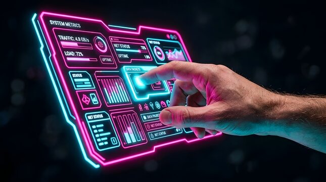 Close-up of a human hand interacting with a futuristic neon digital dashboard interface showing system metrics, data packets, and network status in a dark high-tech environment.
