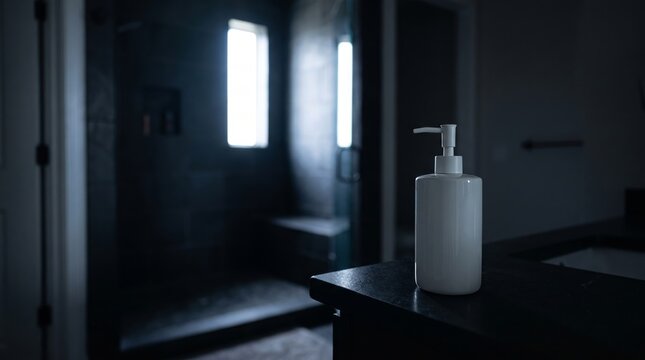 Sleek white liquid dispenser bottle sits on black vanity in moody bathroom.