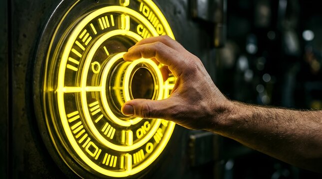 Close up of a hand turning a glowing yellow neon safe dial on a dark metallic vault door, representing digital security, financial protection, cyber hacking, and futuristic access control systems.