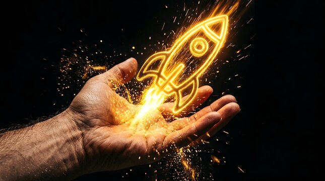 Close-up of a Human Hand Catching or Launching a Glowing Golden Rocket Symbol with Bright Sparks on a Black Background, Representing Business Startup Success, Innovation, and Growth Ambition