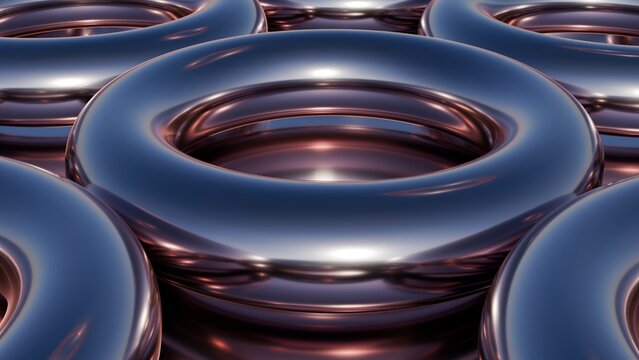 Abstract 3D background with glossy metallic chrome and rose gold torus rings