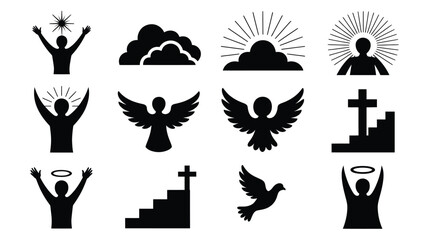 Fototapeta premium Religious symbols and figures with uplifted arms in black with Black white vector icons religious figures figures angels illustration religiousart celebration silhouette