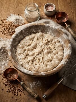 Sourdough bread dough rising in wooden bowl with ingredients