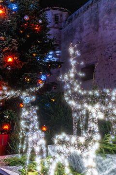 Christmas deer decorations illuminating festive city castle at night