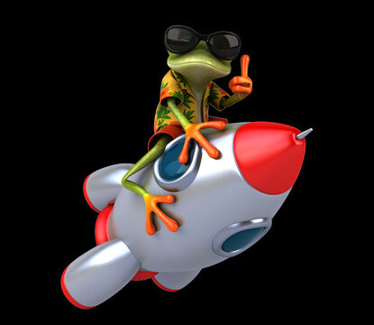 Fun 3D cartoon frog on a rocket