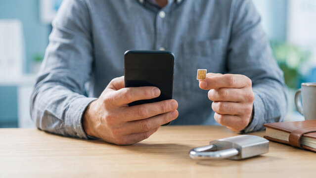 SIM card security and mobile phone data protection concept. Hand holding smartphone and chip card with metal padlock on office table for network privacy, identity safety and safe connection