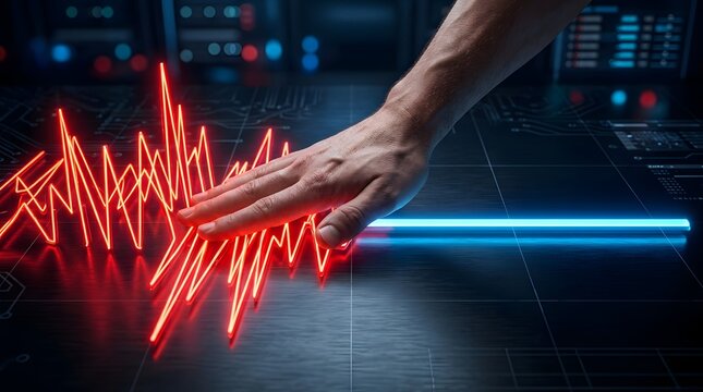 Human hand stabilizing volatile red neon financial graph lines into a flat steady blue line on a high-tech digital surface, representing crisis management, data recovery, and economic stability.