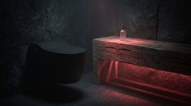Minimalist dark bathroom with sleek black toilet and rustic wooden bench with red lighting.