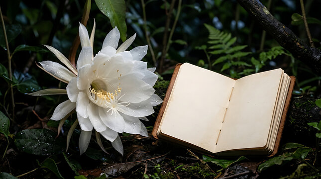 Night blooming cereus flower beside open vintage book with white flower
