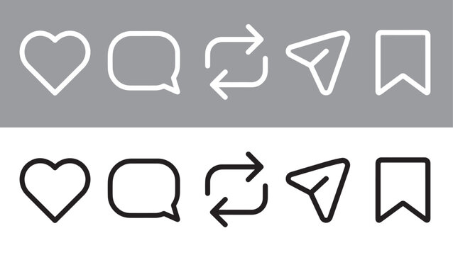 outlined Instagram interaction icon collection, like comment share and repost symbols, social media engagement UI concept, clean modern line vector illustration.