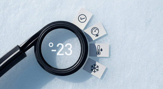 Freezing temperature concept with magnifying glass and minus 23 degrees