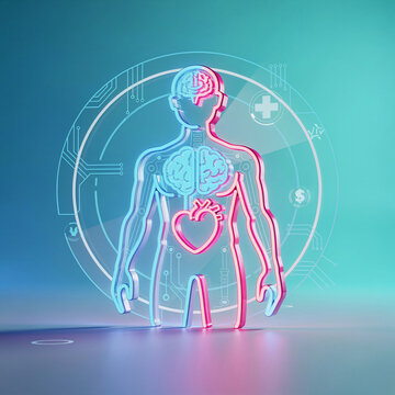 Futuristic 3D human body scan with glowing neon heart and brain interface for medical technology data visualization