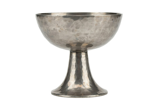 Hammered metal chalice with a wide bowl and flared pedestal base isolated on a transparent background